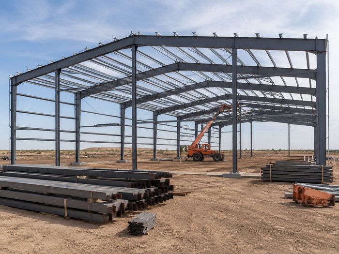 Completed commercial metal building with matching roof and wall panels
