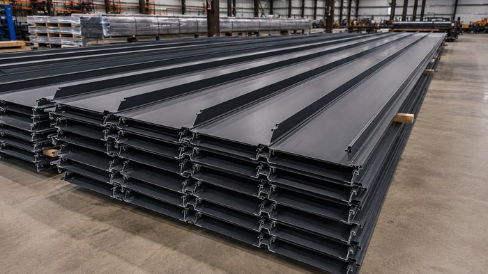 Metal wall panels being installed on a commercial steel building