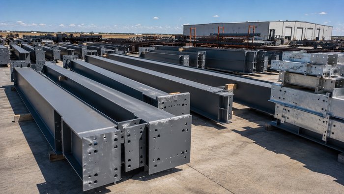 Structural steel frame of a metal building against an open sky