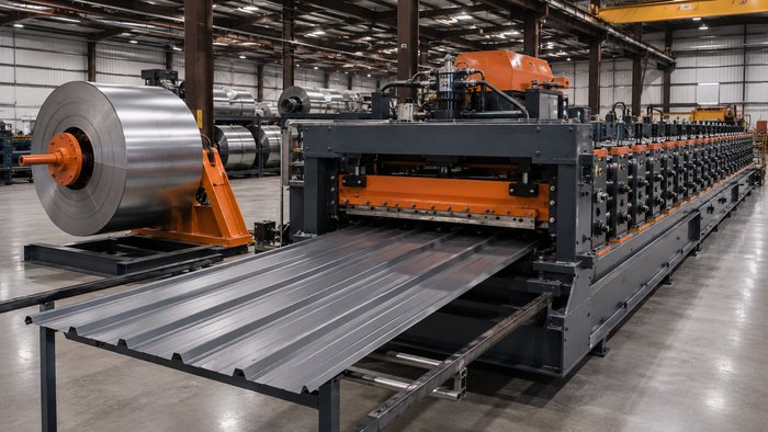 Stacked metal roofing panels in multiple colors on a manufacturing floor